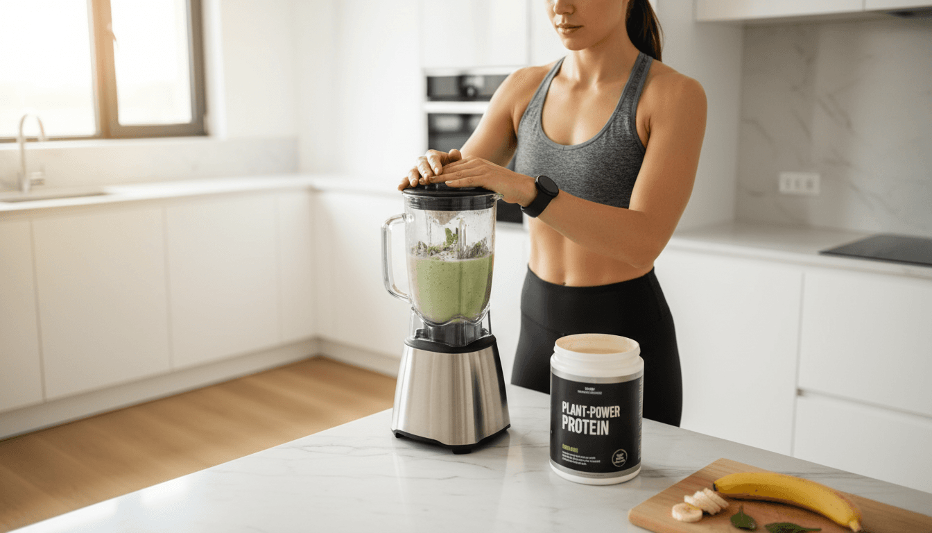 Person holding a supplement capsule and water in a bright kitchen