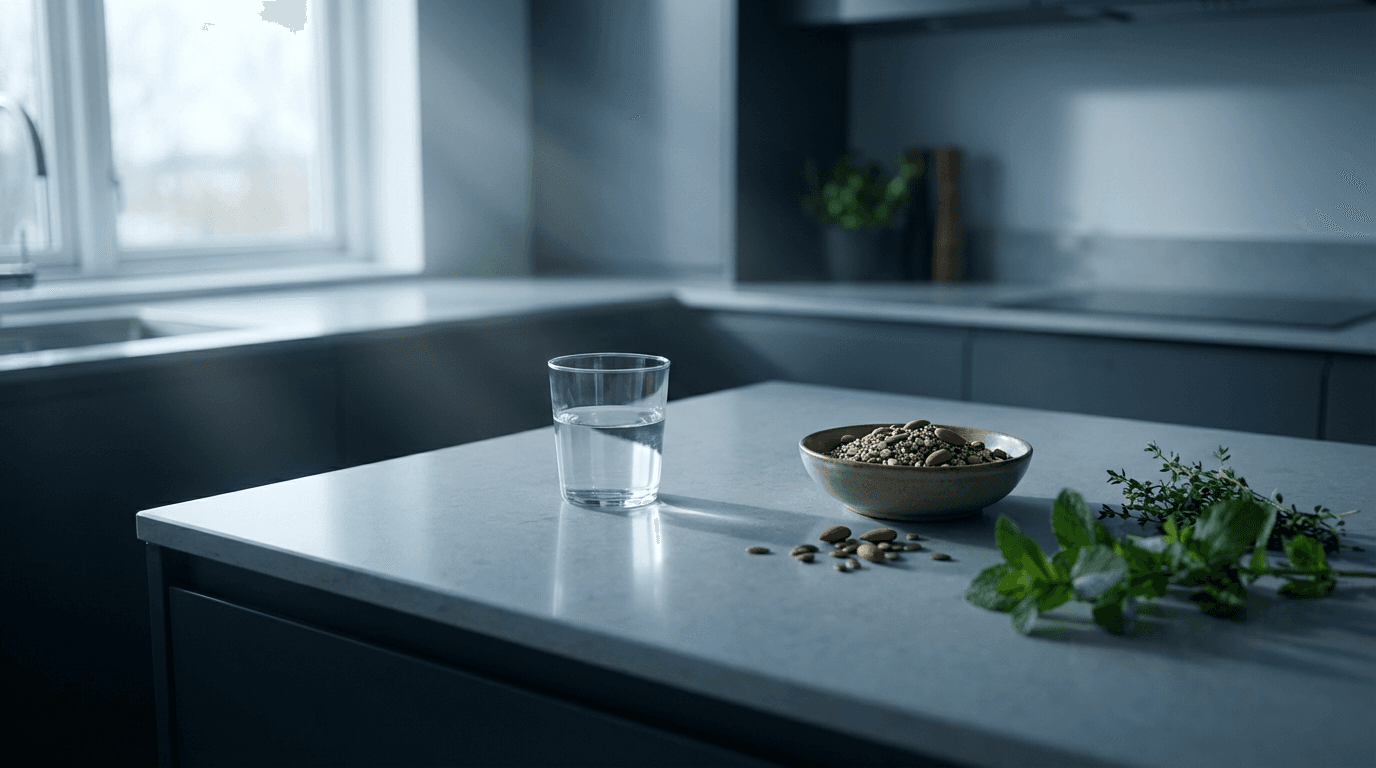Person holding a supplement bottle at a sunlit kitchen table in New York