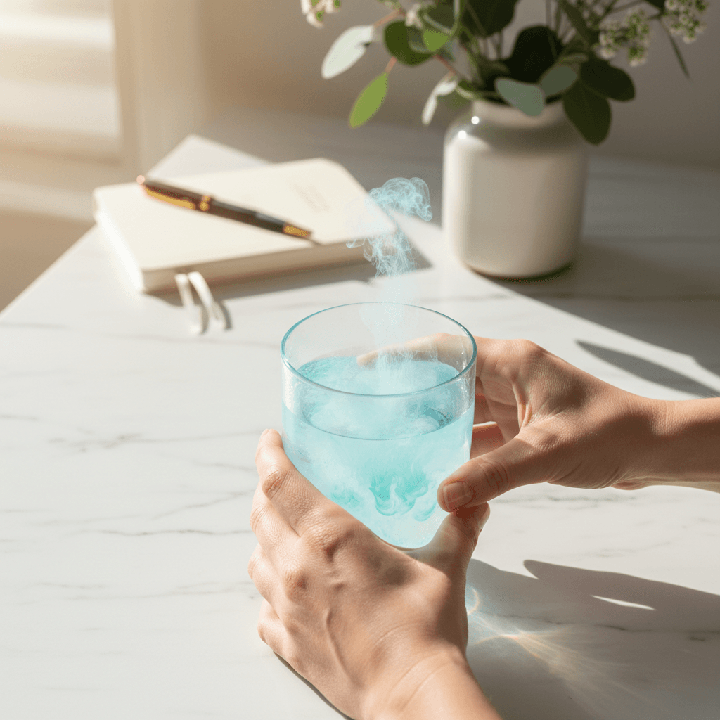 Hand holding a supplement capsule with a glass of water on a light wooden table